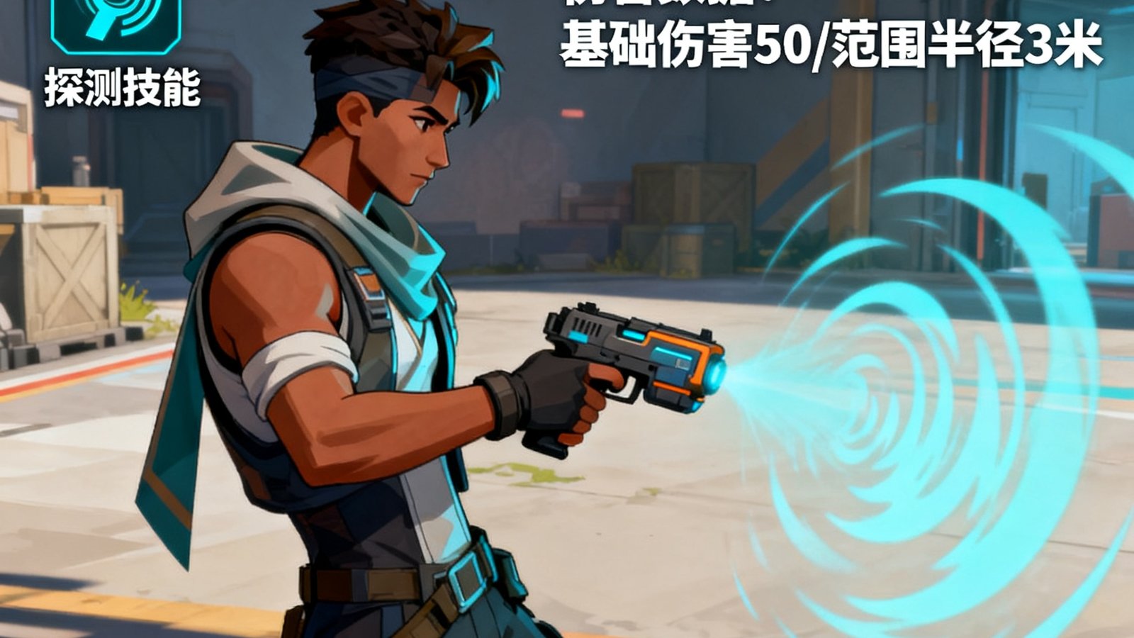 Valorant新特工Tejo在实战中释放探测技能的画面，配合技能图标和伤害数据标注的攻略示意图